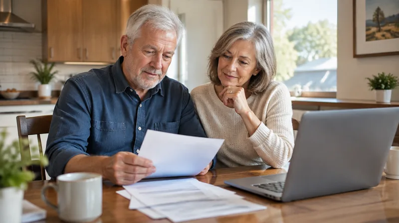 A senior couple sitting together at a kitchen table in their home, reviewing paperwork with a laptop open nearby