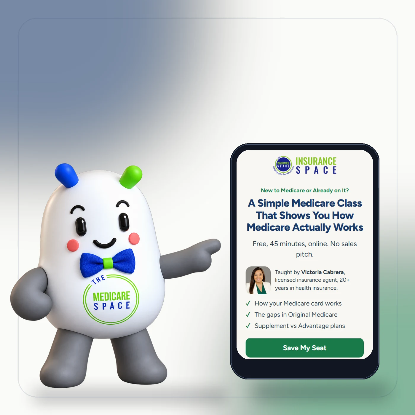 ABee pointing to the Simple Medicare Class sign-up page on a phone